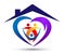 Happy family home/ house union, love heart shaped logo family care on white background