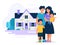 Happy family with house. Concept illustration for mortgage, buying house, real estate. Vector illustration in flat style