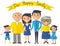 Happy family illustration. Father, mother, grandparents, son and daughter portrait with banner.