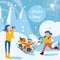 Happy family illustration with kids sledding, father riding, mother recording with video camera in winter day scene. Snowdrifts an