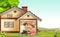Happy Family Kissing Their Son In Front of Wood House In Grass Field Cartoon