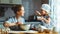 Happy family in kitchen. mother and child preparing dough, bake