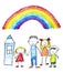 Happy family with little children. Mother and father with kids. Brother and sister with parents. My family with house and rainbow