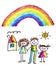 Happy family with little children. Mother and father with kids. Brother and sister with parents. My family with house and rainbow