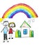 Happy family with little children. Mother and father with kids. Brother and sister with parents. My family with house and rainbow
