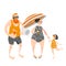 Happy family with little girl on the beach. People in swimsuits and shorts.