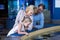 Happy family looking at manta ray