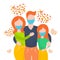Happy family in medical masks surrounded by hearts, isolated on a white background. Vector illustration in flat style. Husband,