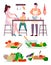 Happy family mom dad and son cooking in kitchen vector illustration. Preparing family dinner