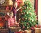 Happy family mother and child girl decorated Christmas tree