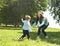 Happy family! Mother with son child playing having fun together