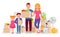 Happy family move into new home place vector flat illustration. Mother, father and children keeping cardboard boxes with