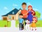 Happy family move into a new house flat vector illustration in cartoon design. Mother, father, sister, brother and their
