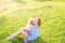 Happy family on nature. Mom and toddler baby daughter relaxing, hugging, laughing and have fun on green grass meadow at evening su