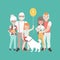 Happy family with newborn baby. Vector illustration in linear style design. Cartoon people characters. Three generations