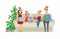 Happy family open Christmas presents - cartoon people characters illustration