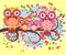 A happy family of owls on flowering tree branches, moms and children. Spring, summer. Mothers Day