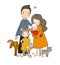 A happy family. Parents with children. Cute cartoon dad, mom, daughter, son and baby. Funny pet cat and dog
