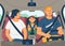 Happy family of parents and son sitting inside car, flat vector illustration.