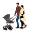 Happy family, parents walking outdoor with baby and pram, .