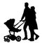 Happy family, parents walking outdoor with baby and pram, vector silhouette.