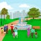 Happy family in park with fountain, boys and girls playing outdoors around garden waterfall, casual people in vacation