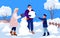 Happy family people build snowman in winter snow scenery, mother, father and child play