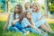 Happy Family photo. Closeup portrait photo toothy smiling three little cute girls, her mother four members family just women on