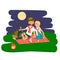 Happy family picnic resting. Young couple outdoors. Summer family picnic. Vector Illustration.