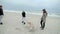 A happy family is playing with a dog on the beach, teasing her with a stick.