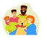 Happy family playing and hugging with a dog. Active holidays with pets. Fashion vector illustration in flat style. Mixed family