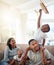 Happy family playing living room with toy airplane for fun games, freedom and energy together in family home. Parents