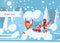 Happy family playing with snow fort. Vector horizontal illustration