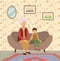 Happy family portrait vector character illustration. Grandmother and grandson sitting on the couch