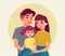 Happy family poster with mother, smiling father, little girl vector illustration in flat style.