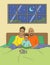 Happy family reading book at bedroom cartoon illustration