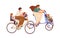 Happy family riding bicycle together. Parents and children cycling. Mother, father and kids traveling on bike. Active