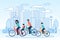 Happy Family Riding Bikes on Cityscape Cartoon