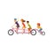 Happy family riding on tandem bicycle, parents enjoying cycling with children, recreation with kids vector Illustration