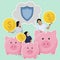 Happy family with savings in piggy banks