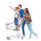 Happy family with shopping cart on background