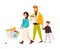 Happy family shopping in supermarket. Smiling mother, father and son buying food products in grocery store. Cute cartoon