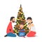 Happy Family Sitting Next to Christmas Tree, Cute Boy Holding Gift Box, People Celebrating New Year, Christmas Eve
