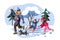 Happy family sledding flat vector illustration