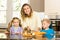 Happy family slicing bread