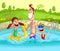 Happy family splashing in pool