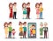 Happy family stages. Cartoon kid parents, young mom father and baby. Isolated pregnant woman, video call with son. Male