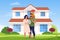 A happy family is standing at the new house. Concept illustration, buying a house, mortgage, home rental, realtor services.