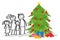Happy family standing next to Christmas tree, stick figures, smiling parents with happy children, daughter and son
