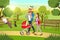 Happy Family Strolling with Pram In Park Vector